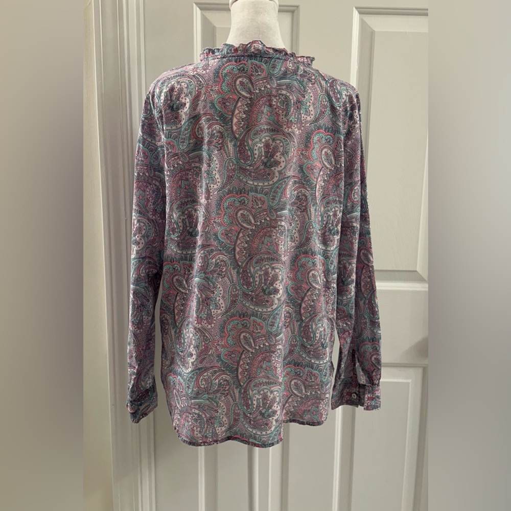 Talbots Popover Paisley Ruffle Pleated Blouse Size M Cotton Pink Blue Multi - Picture 5 of 10